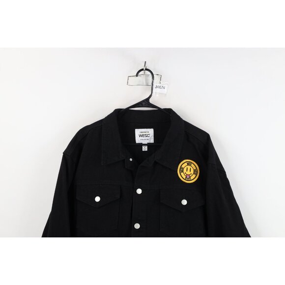 WESC Streetwear Mens Large Hardcore Happiness Smiley Face Denim Trucker Jacket - Picture 2 of 16